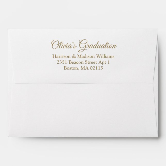 Elegant white gold script personalized graduation envelope (Back (Top Flap))