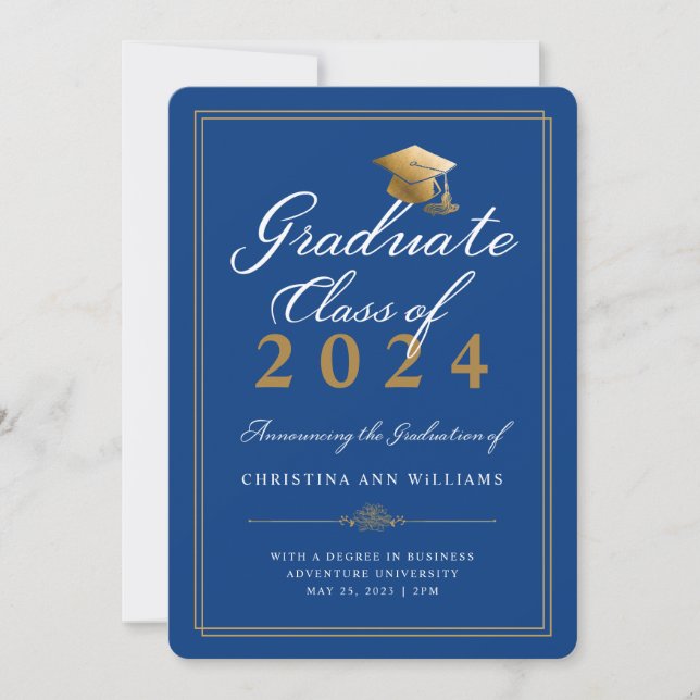 Elegant White Gold Script Royal College Graduation Announcement (Front)