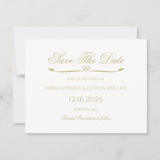 Elegant White Gold Script Simple Heart Wedding Save The Date (Front)