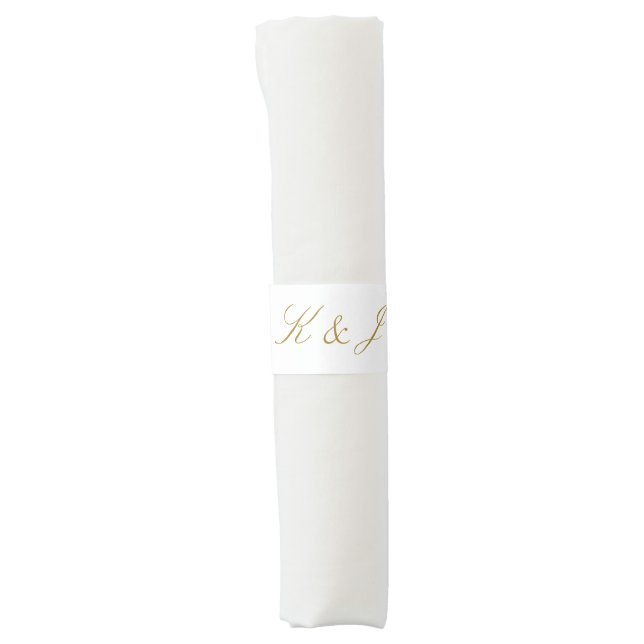 Elegant White Gold Script Wedding Napkin Bands (Front)