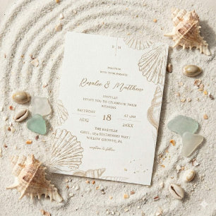 Elegant White Gold Shells Coastal Wedding Invitation
