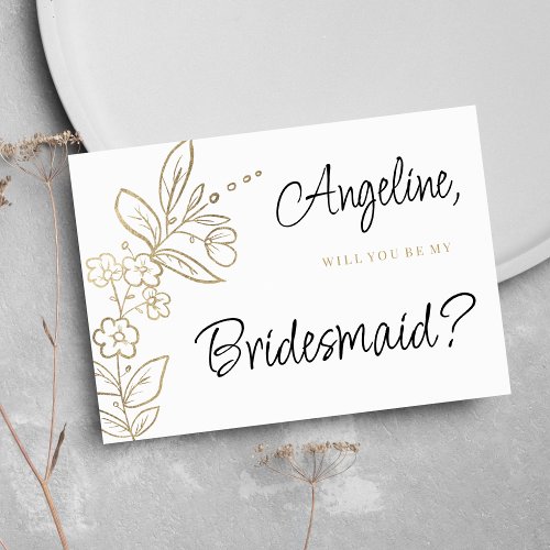 Elegant white gold simple floral Bridesmaid Invitation