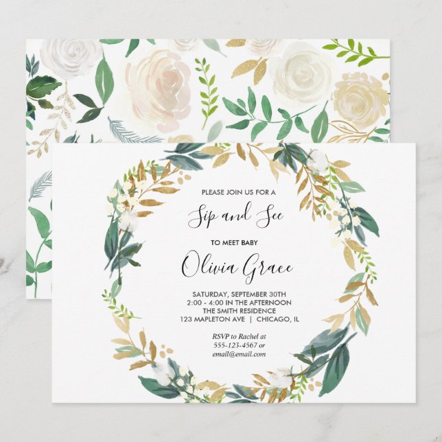 Elegant white gold sip and see invitation (Front/Back)