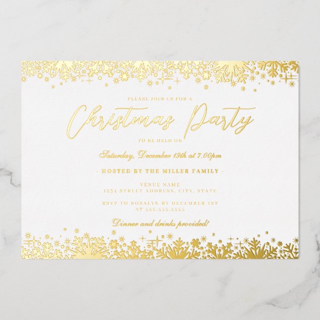 Elegant White Gold Snowflake Christmas Party Foil Invitation (Front)