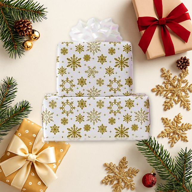 Elegant White Gold Snowflake Holiday Pattern Wrapping Paper (Creator Uploaded)
