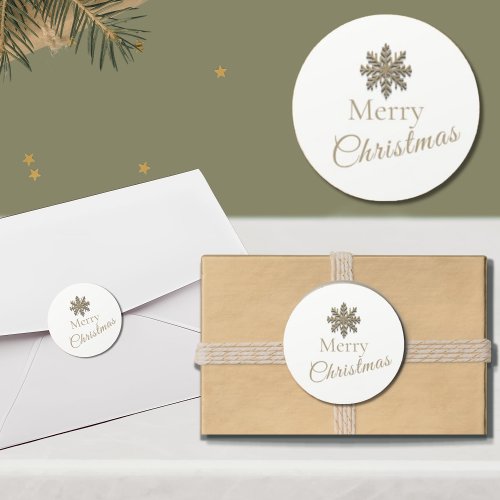 Elegant White Gold Snowflake Merry Christmas Classic Round Sticker