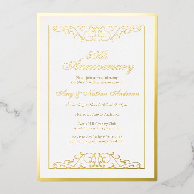 Elegant White Gold Swirl 50th Wedding Anniversary  Foil Invitation (Front)
