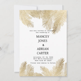 Elegant white gold tropical palm tree wedding invitation