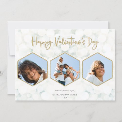 Elegant White  Gold Valentines Day Triple Photo Holiday Card
