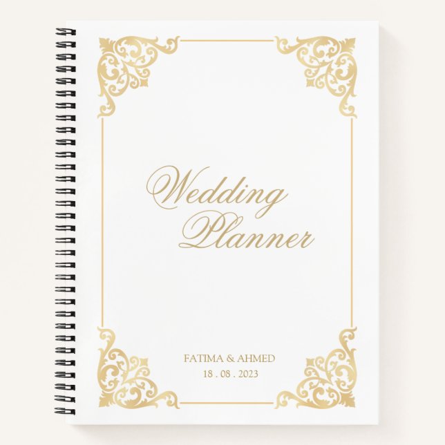Elegant White Gold Vintage Muslim Wedding Planner Notebook (Front)