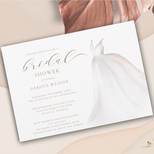 Elegant White Gold Wedding Dress Bridal Shower Invitation