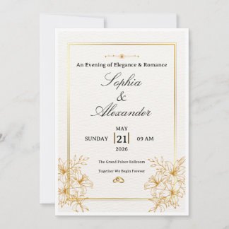 Elegant White & Gold Wedding Invitation Template |
