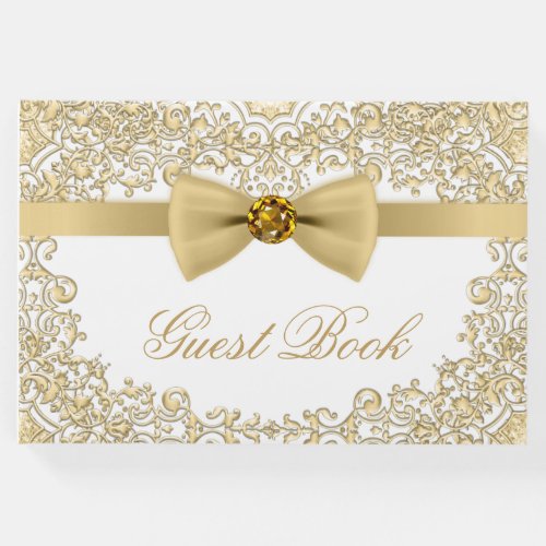 Elegant White Gold Wedding Party Event Guest Book