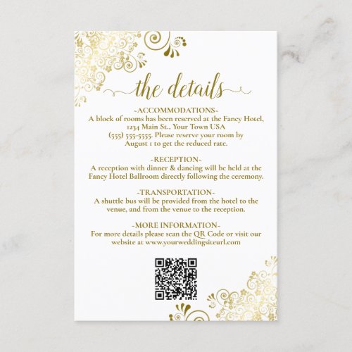 Elegant White  Gold Wedding QR Code Details Enclosure Card