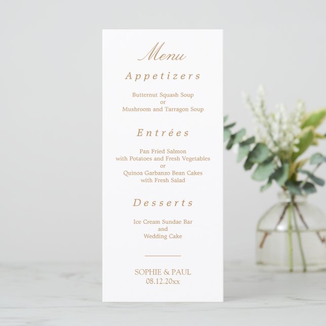 Elegant White Golden Beige Wedding Menu (Standing Front)