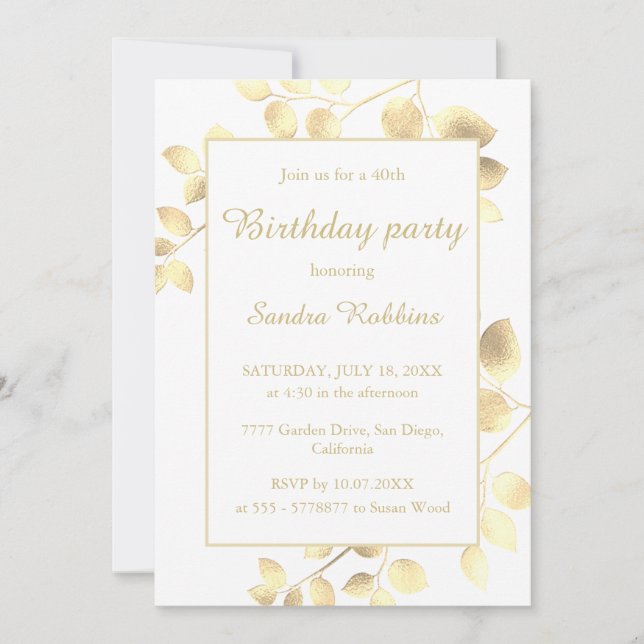 Elegant white golden leaves birthday invitation (Front)