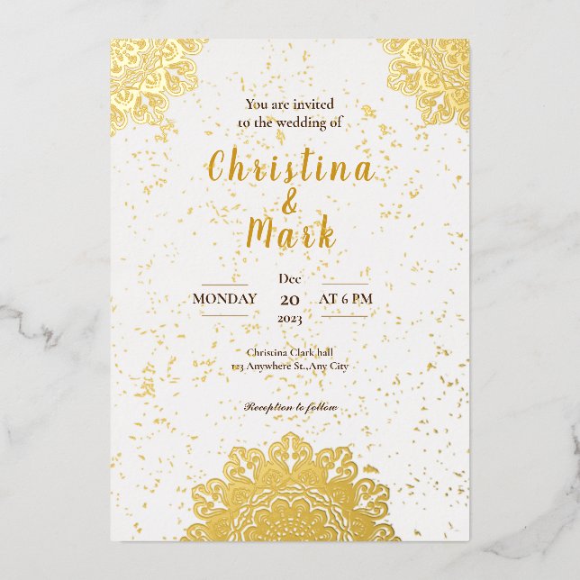  Elegant White Golden Modern Typography  Wedding  Foil Invitation (Front)