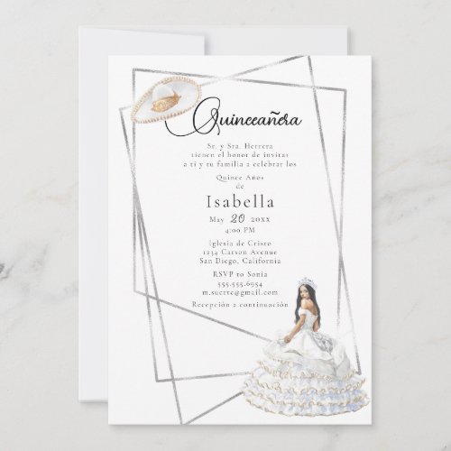 Elegant White Gown and Sombrero Quinceaera Invitation