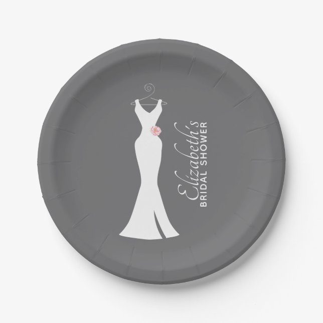 Elegant White Gown on Gray - Bridal Shower Paper Plates (Front)