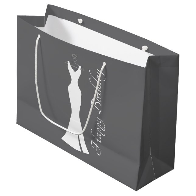 Elegant White Gown on Gray - Stylish Birthday Large Gift Bag (Front Angled)