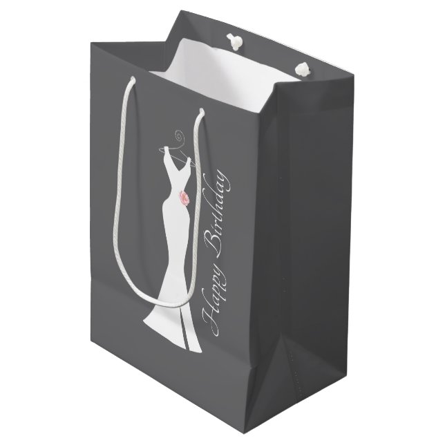 Elegant White Gown on Gray - Stylish Birthday Medium Gift Bag (Front Angled)