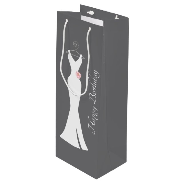 Elegant White Gown on Gray - Stylish Birthday Wine Gift Bag (Front Angled)