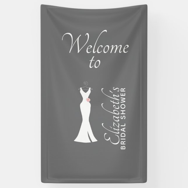 Elegant White Gown on Gray - Stylish Bridal Shower Banner (Vertical)