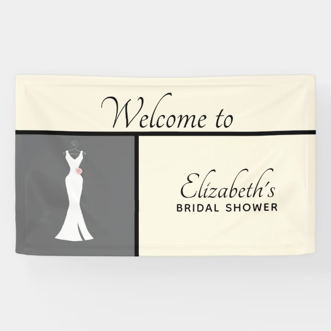 Elegant White Gown on Gray - Stylish Bridal Shower Banner (Horizontal)