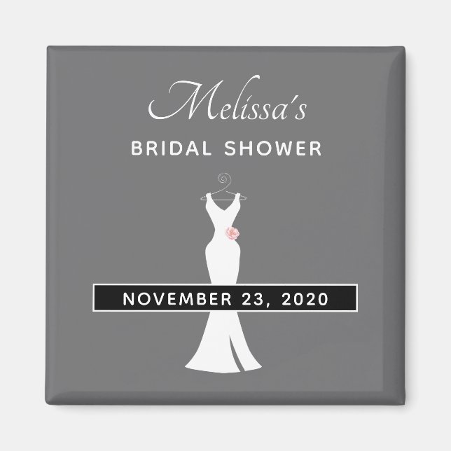 Elegant White Gown on Gray - Stylish Bridal Shower Magnet (Front)