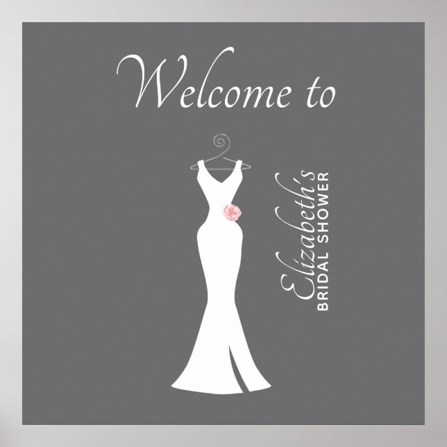 Elegant White Gown on Gray - Stylish Bridal Shower Poster (Front)