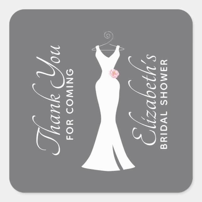 Elegant White Gown on Gray - Stylish Bridal Shower Square Sticker (Front)