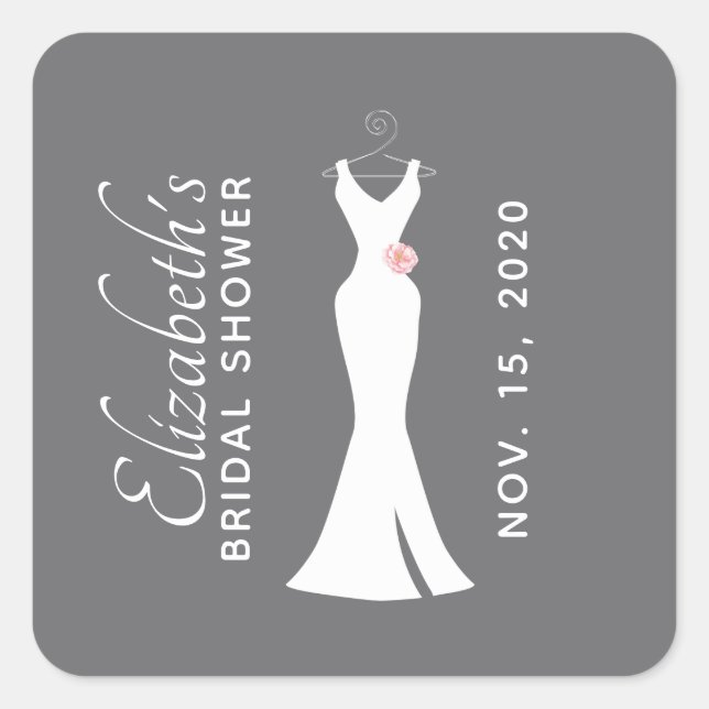 Elegant White Gown on Gray - Stylish Bridal Shower Square Sticker (Front)
