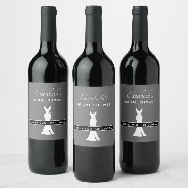 Elegant White Gown on Gray - Stylish Bridal Shower Wine Label (Bottles)