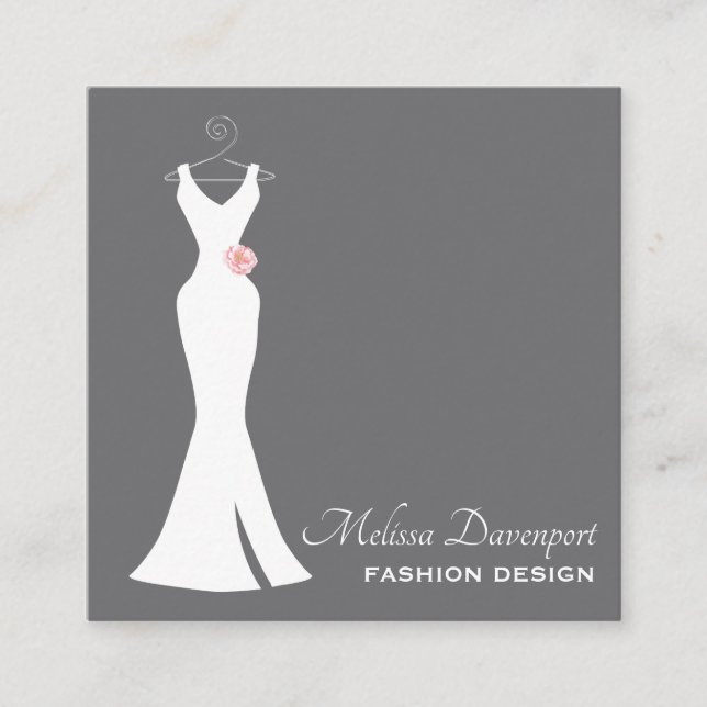 Elegant White Gown on Gray - Stylish Minimalist Square Business Card (Front)