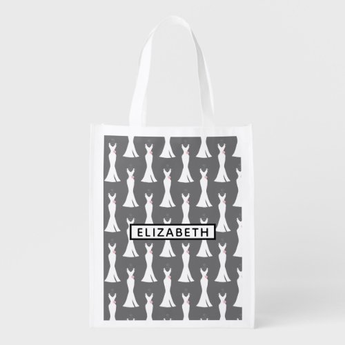 Elegant White Gown on Gray _ Stylish Pattern Grocery Bag