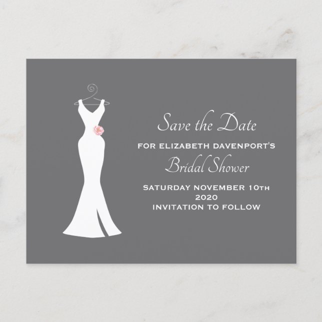 Elegant White Gown on Gray - Stylish Save the Date Invitation Postcard (Front)