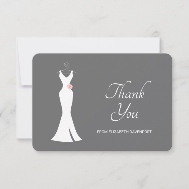 Elegant White Gown on Gray - Stylish Simple Bridal Thank You Card (Front)