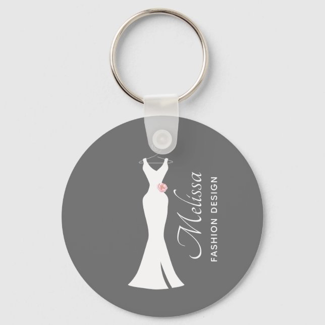 Elegant White Gown on Gray - Stylish Simple Design Keychain (Front)