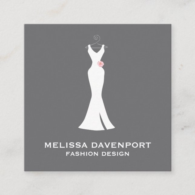 Elegant White Gown on Gray - Stylish Simple Design Square Business Card (Front)