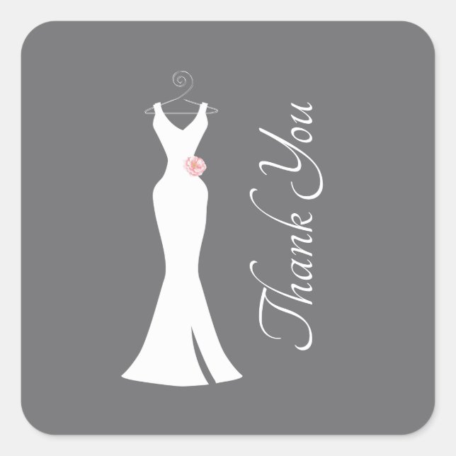 Elegant White Gown on Gray - Stylish Thank You Square Sticker (Front)