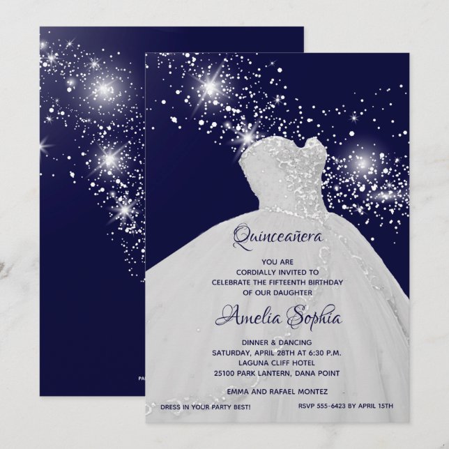 Elegant White Gown Quinceañera Invitation (Front/Back)