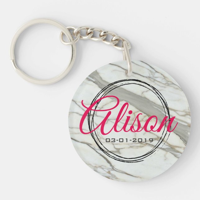Elegant white granite custon name and birth date keychain (Front)