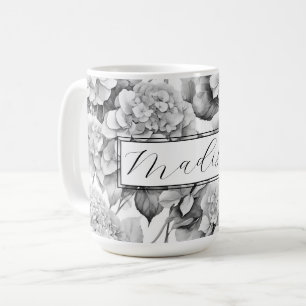 Elegant white gray black floral watercolor coffee mug