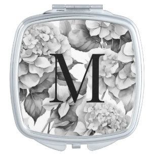 Elegant white gray black floral watercolor compact mirror