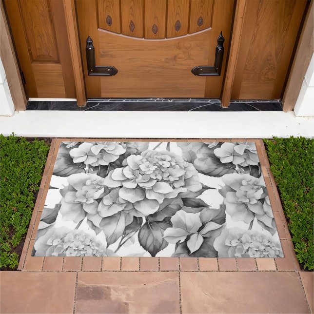 Elegant white gray black floral watercolor  doormat (Outdoor)