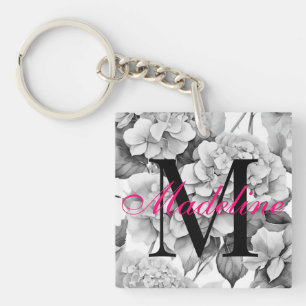 Elegant white gray black floral watercolor keychain