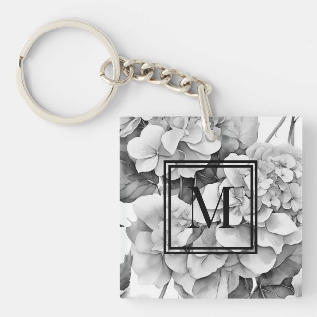 Elegant white gray black floral watercolor  keychain (Front)