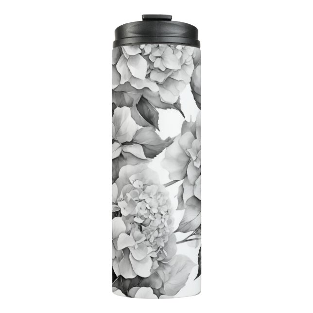 Elegant white gray black floral watercolor  thermal tumbler (Front)