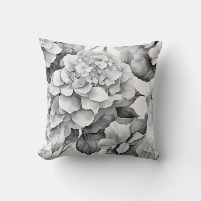 Elegant white gray black floral watercolor  throw pillow (Front)
