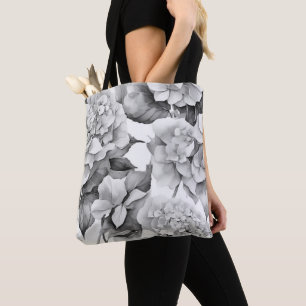Elegant white gray black floral watercolor tote bag